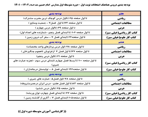 بودجه بندی امتحانات نوبت اول